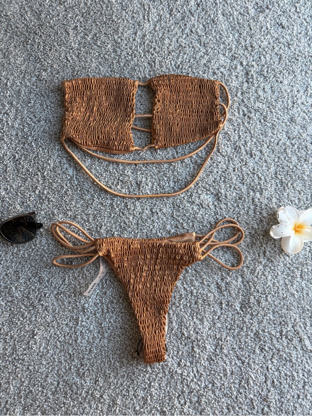 SHEIN Smocked Brown Tie-Side Bikini Set